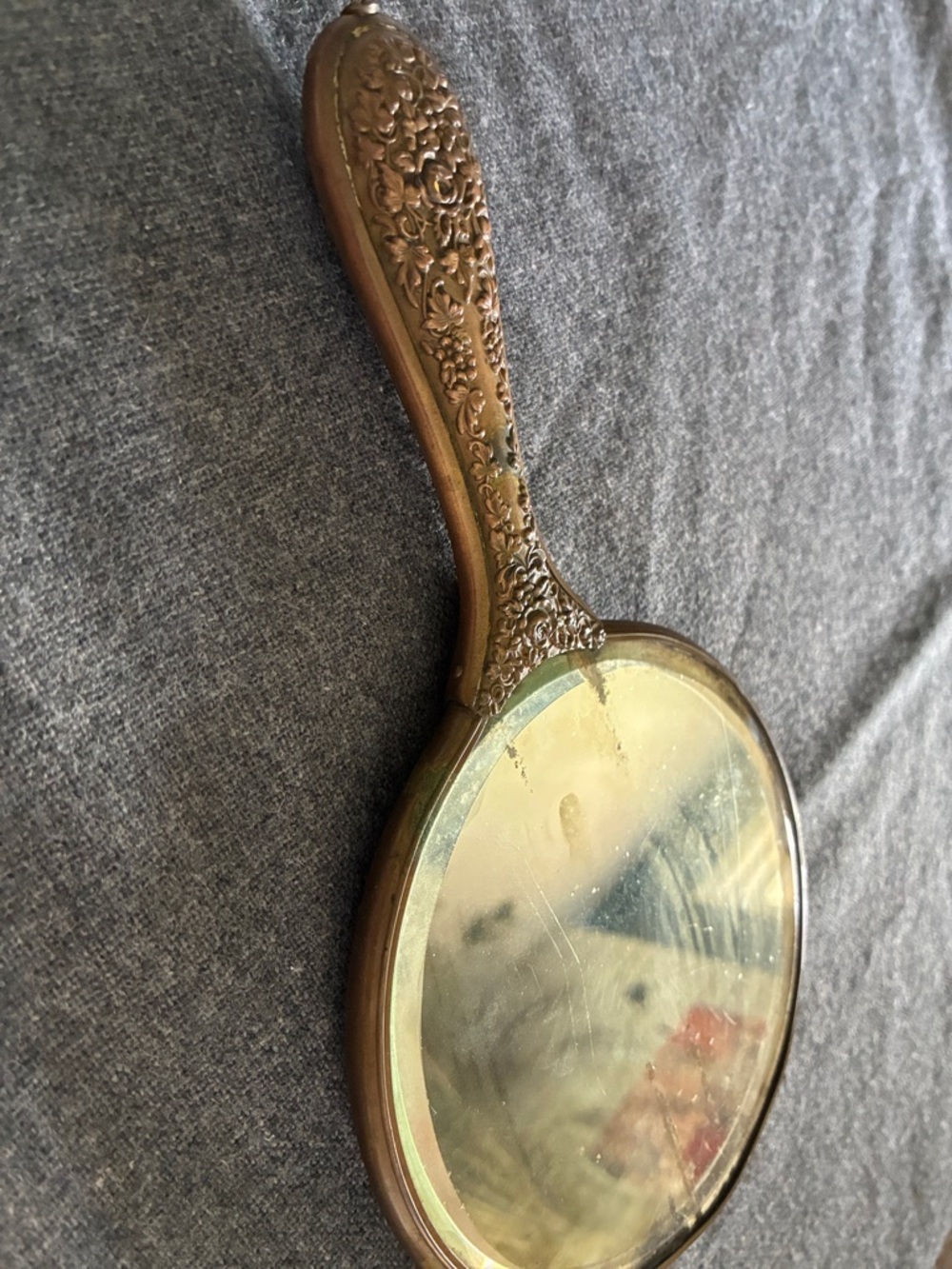 Antique-Style Ornate Hand Mirror in Brass Tone